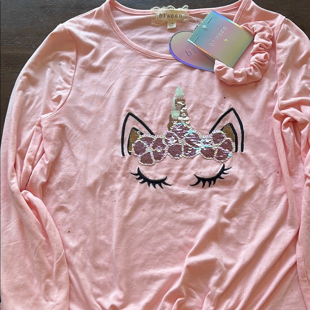 btween Pink Sequin Unicorn Long Sleeve Tee